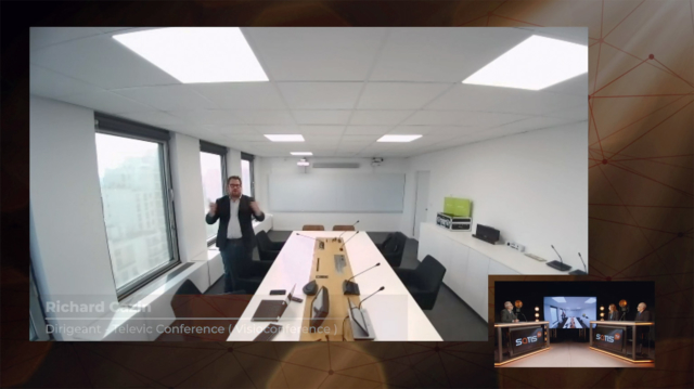 Richard Cazin, dirigeant de Televic Conference, était en direct de son showroom pour faire apprécier le son des micros Nureva aux spectateurs de la Satis TV. © DR