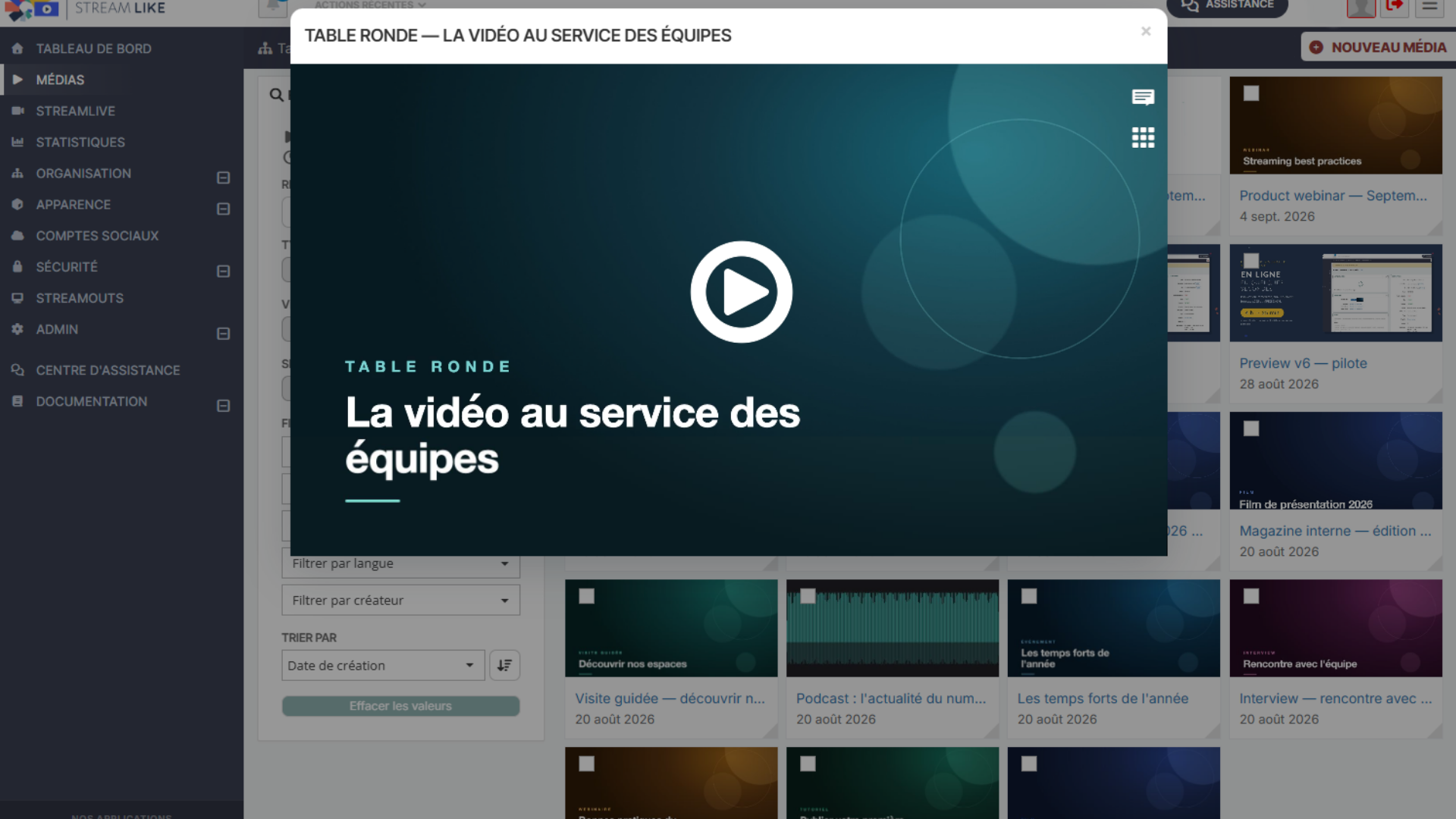 L'interface de gestion des médias de Streamlike V6, avec l’aperçu d’une vidéo dans le lecteur intégré et l’accès à la bibliothèque de contenus